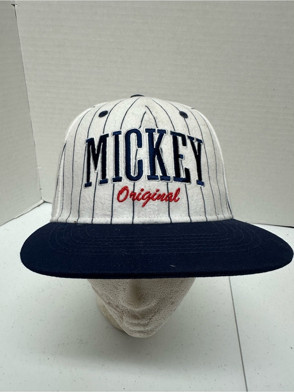 Disney Mickey Mouse Original Pinstripe Snapback Hat Navy White Baseball Cap